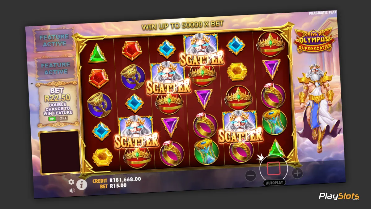 Gates of Olympus Super Scatter bonus trigger image.
