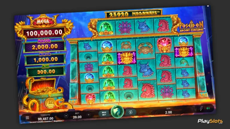 Poseidon Ancient Fortunes Megaways slot game layout image.