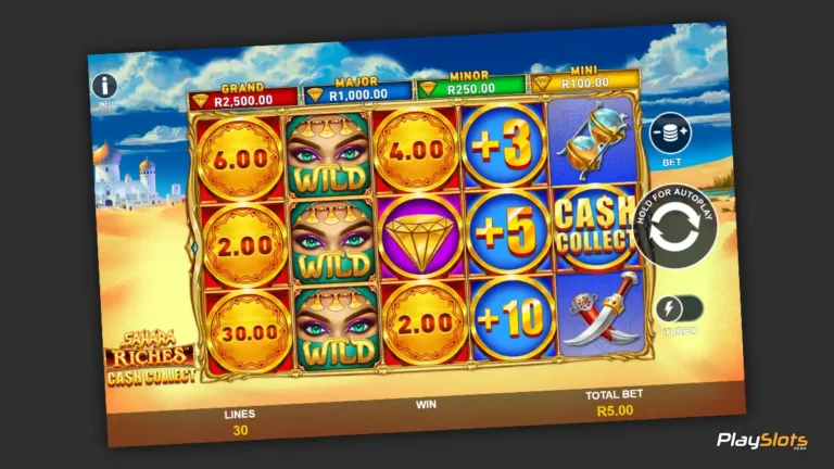 Sahara Riches Cash Collect slot game layout.