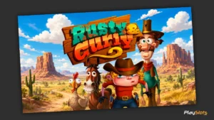Rusty & Curly slot game intro image.