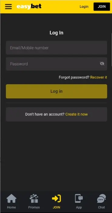 Image showing the Easybet login form.