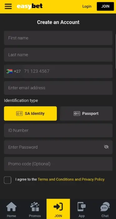 Image showing the Easybet register form on mobile.