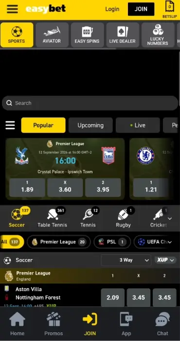 Easybet sports section on mobile.
